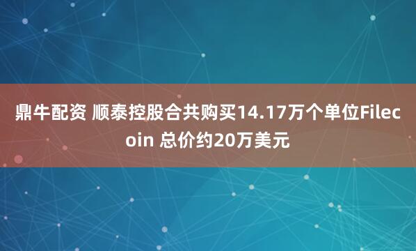 鼎牛配资 顺泰控股合共购买14.17万个单位Filecoin 总价约20万美元